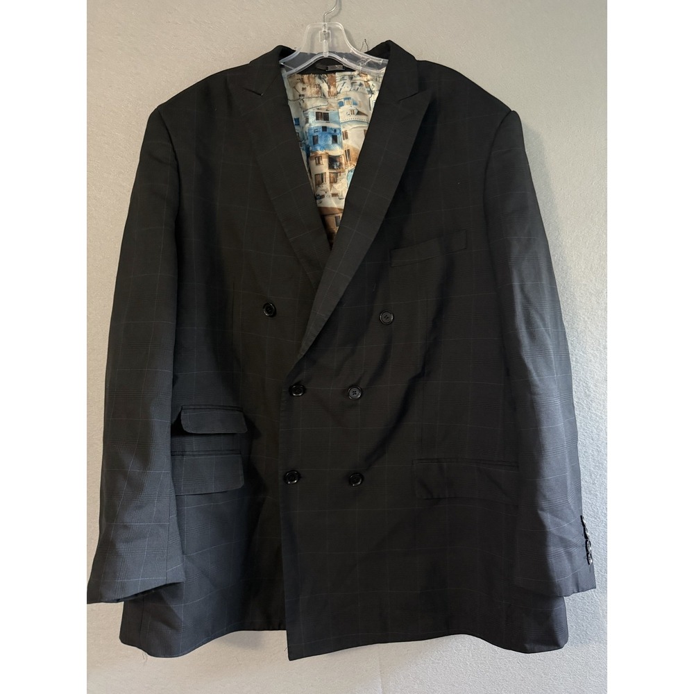 Statement Suit Jacket Mens 46R Gray Wool Plaid Super 150s Double Breasted Italy